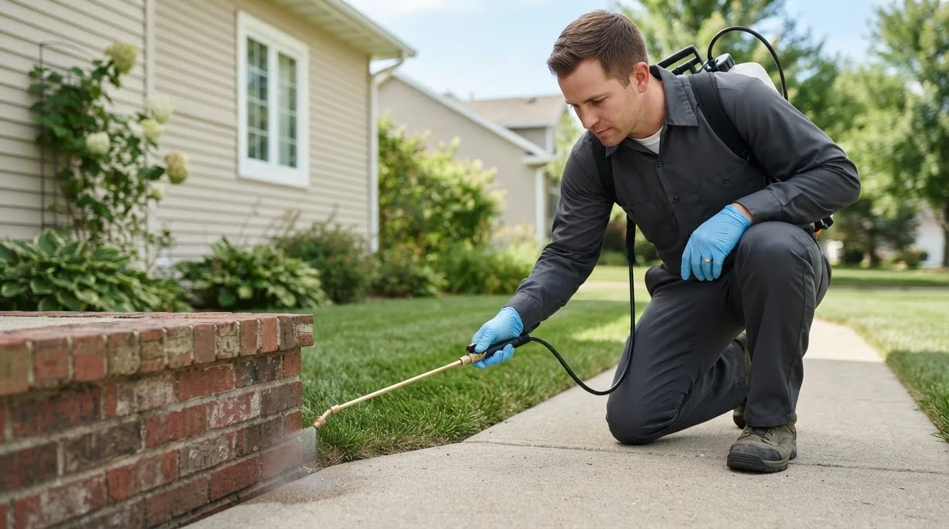 Pest control technician treating a home near Altoona, IA