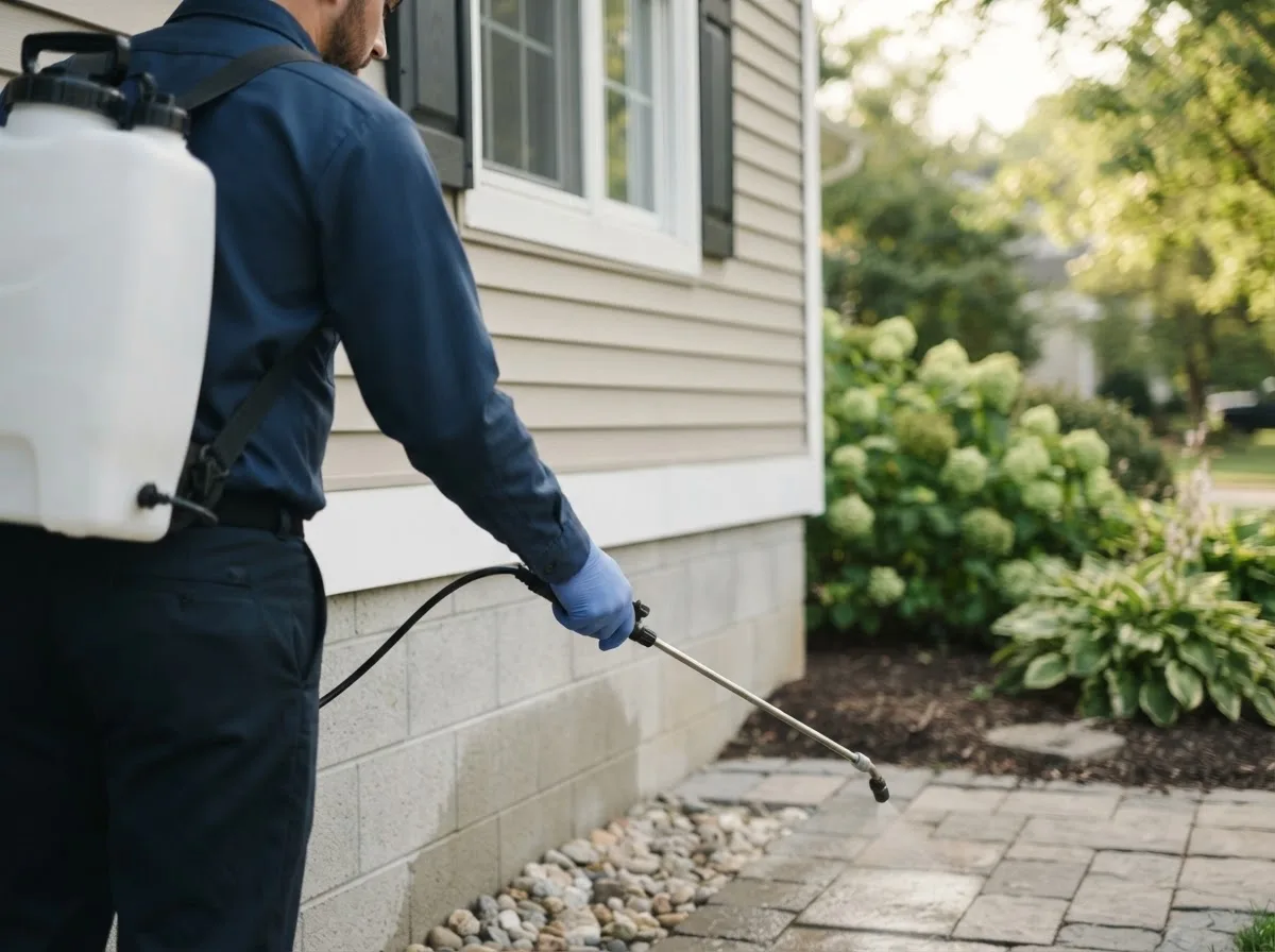 Pest control technician inspecting a home in Altoona, IA